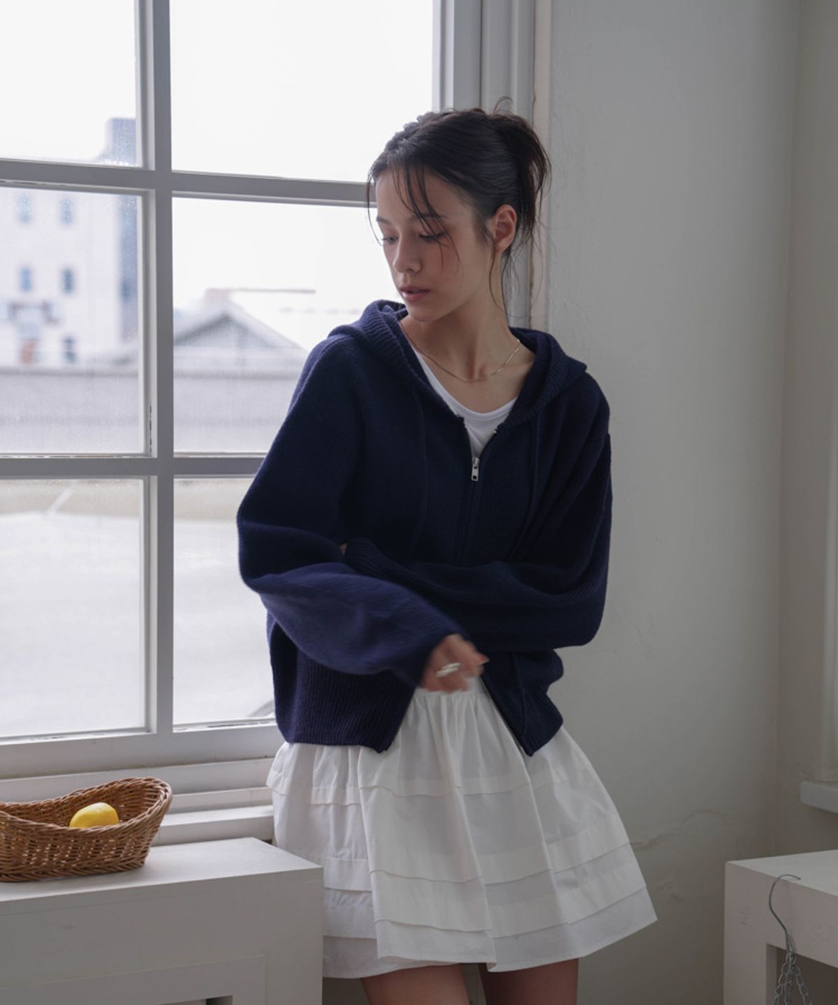 드헤베(DEHEVE) Two-way Hood Zip-up Knit [Navy]