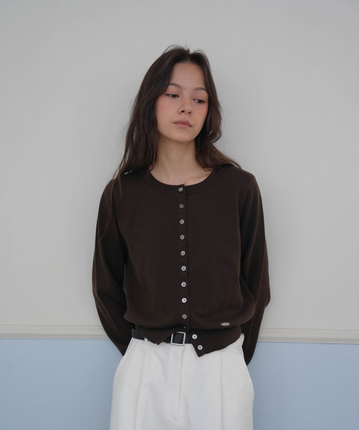 드헤베(DEHEVE) Signiture Pearl Button Cardigan [Brown]