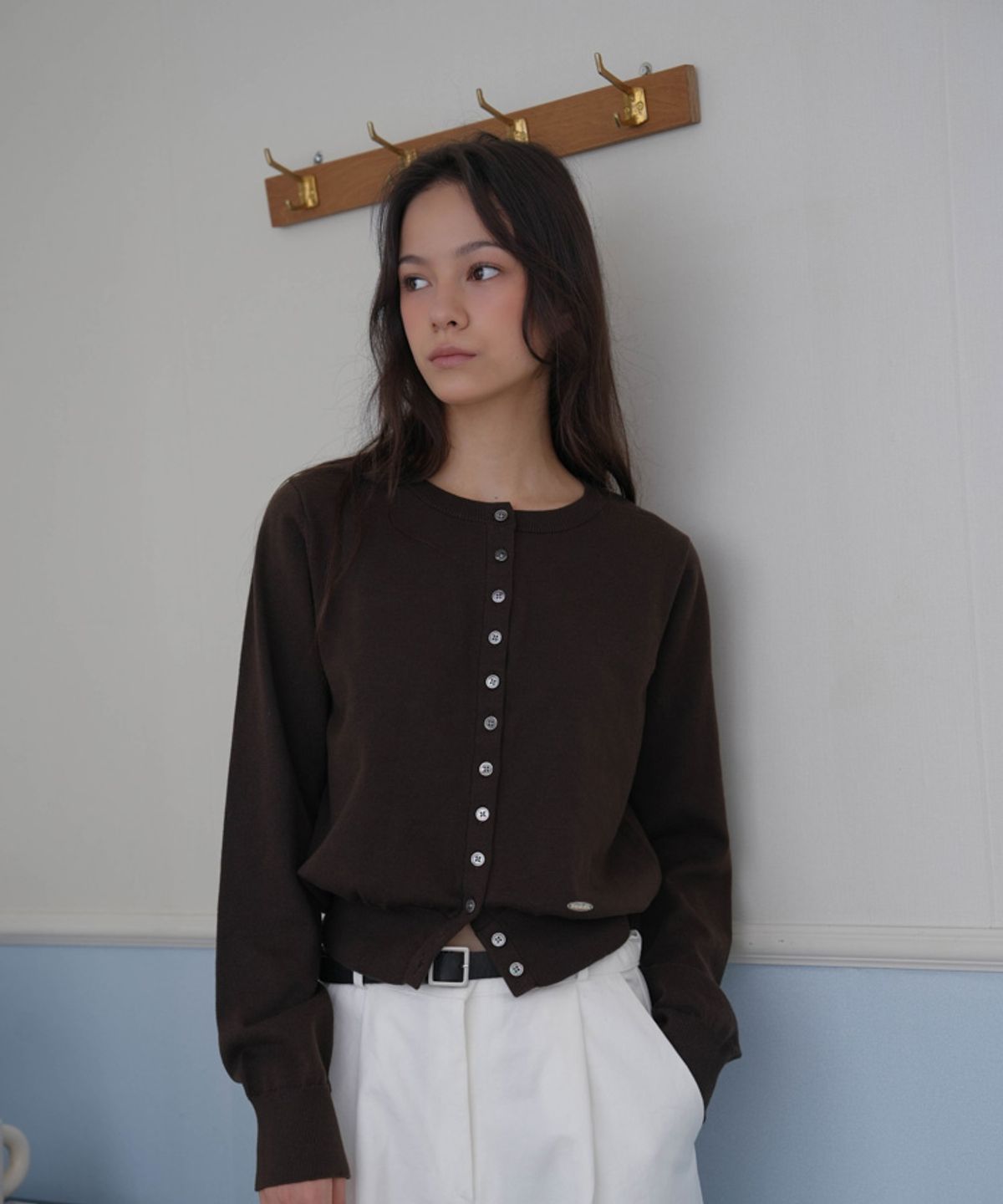드헤베(DEHEVE) Signiture Pearl Button Cardigan [Brown]