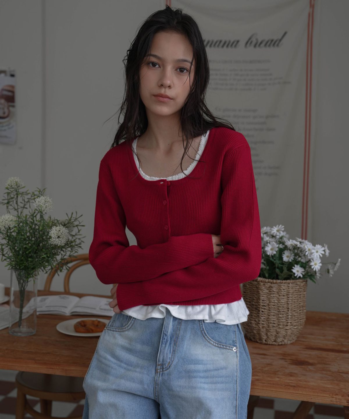 드헤베(DEHEVE) Round Ribbed Cardigan [Red]