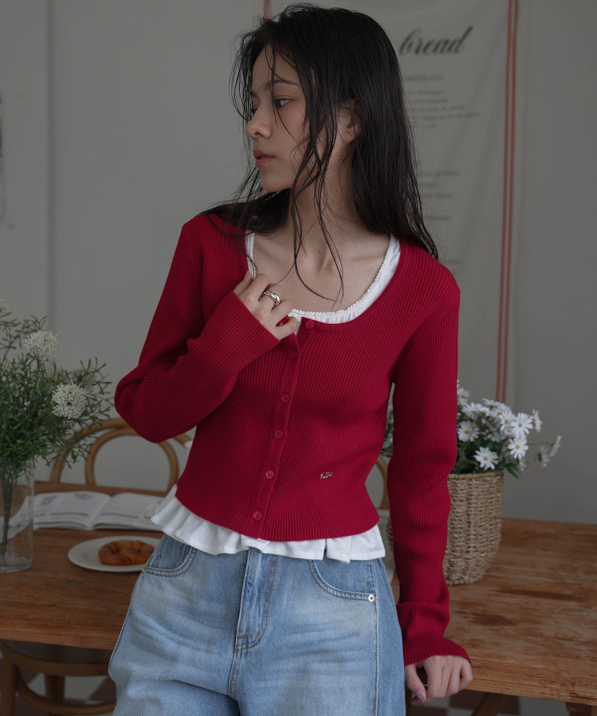드헤베(DEHEVE) Round Ribbed Cardigan [Red]