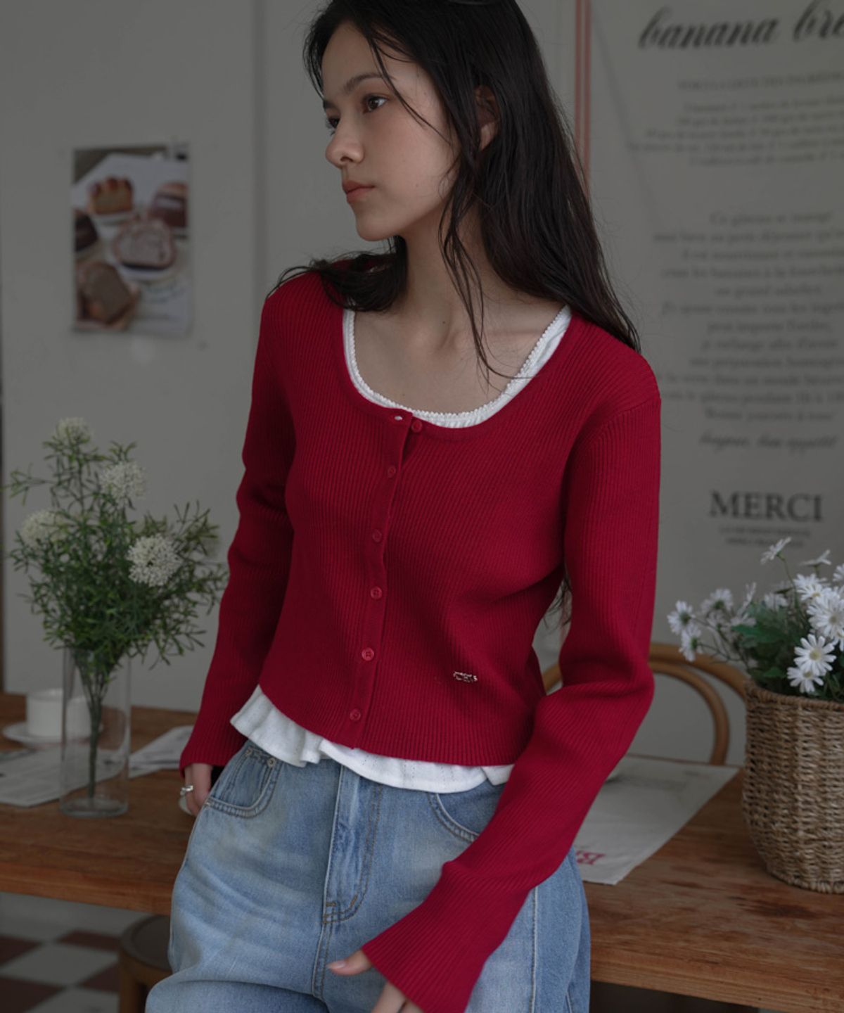드헤베(DEHEVE) Round Ribbed Cardigan [Red]