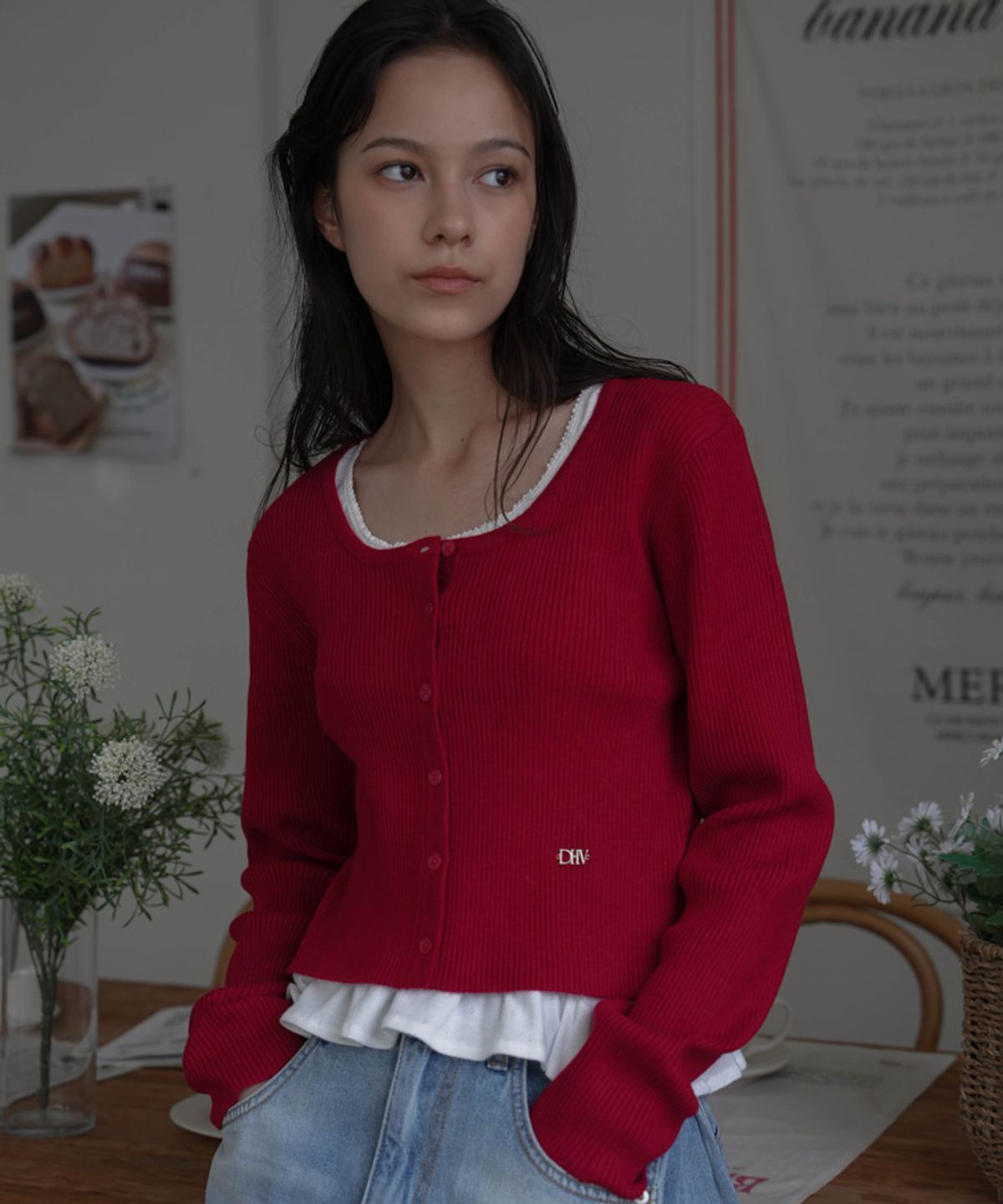 드헤베(DEHEVE) Round Ribbed Cardigan [Red]