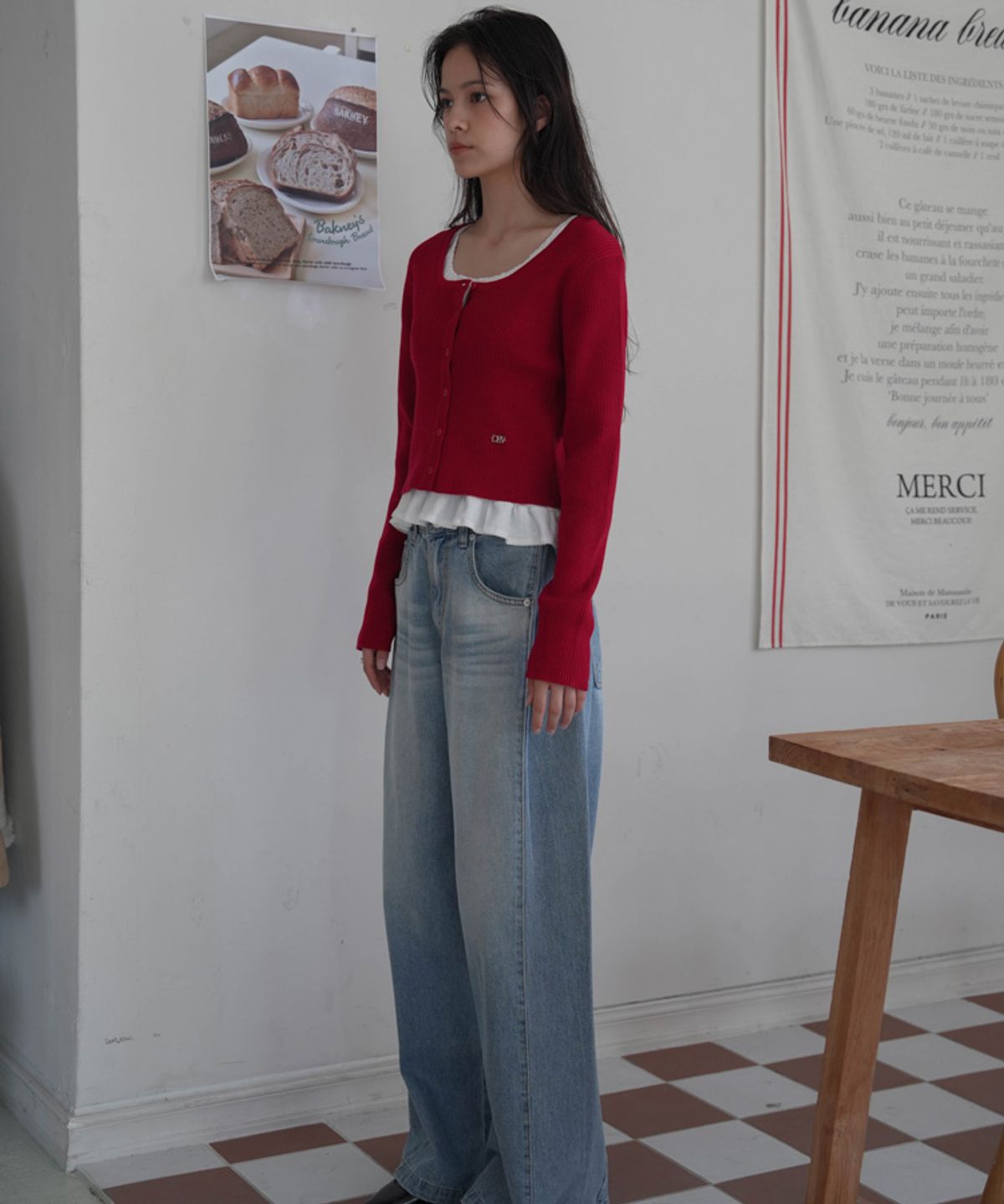드헤베(DEHEVE) Round Ribbed Cardigan [Red]