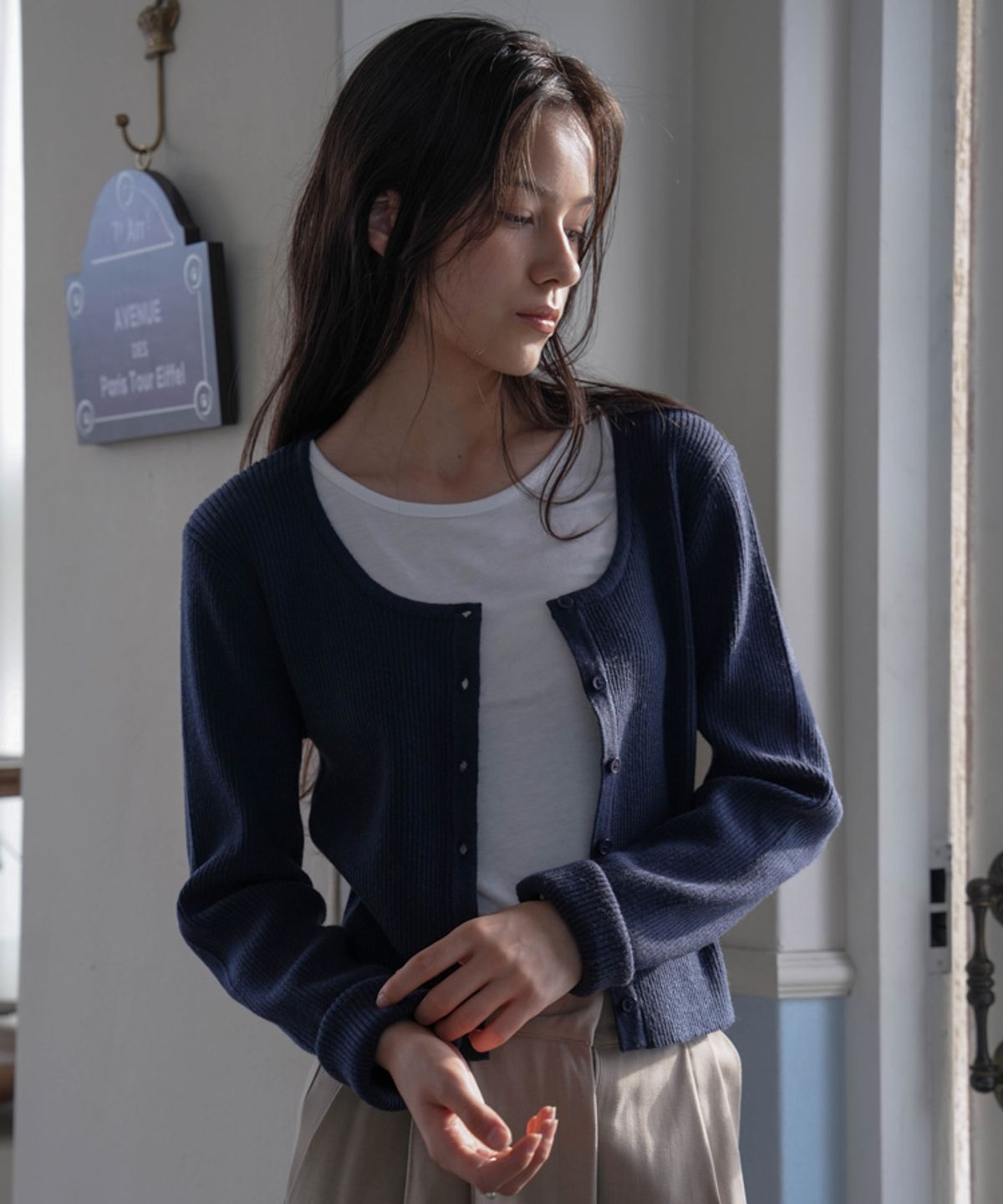 드헤베(DEHEVE) Round Ribbed Cardigan [Navy]