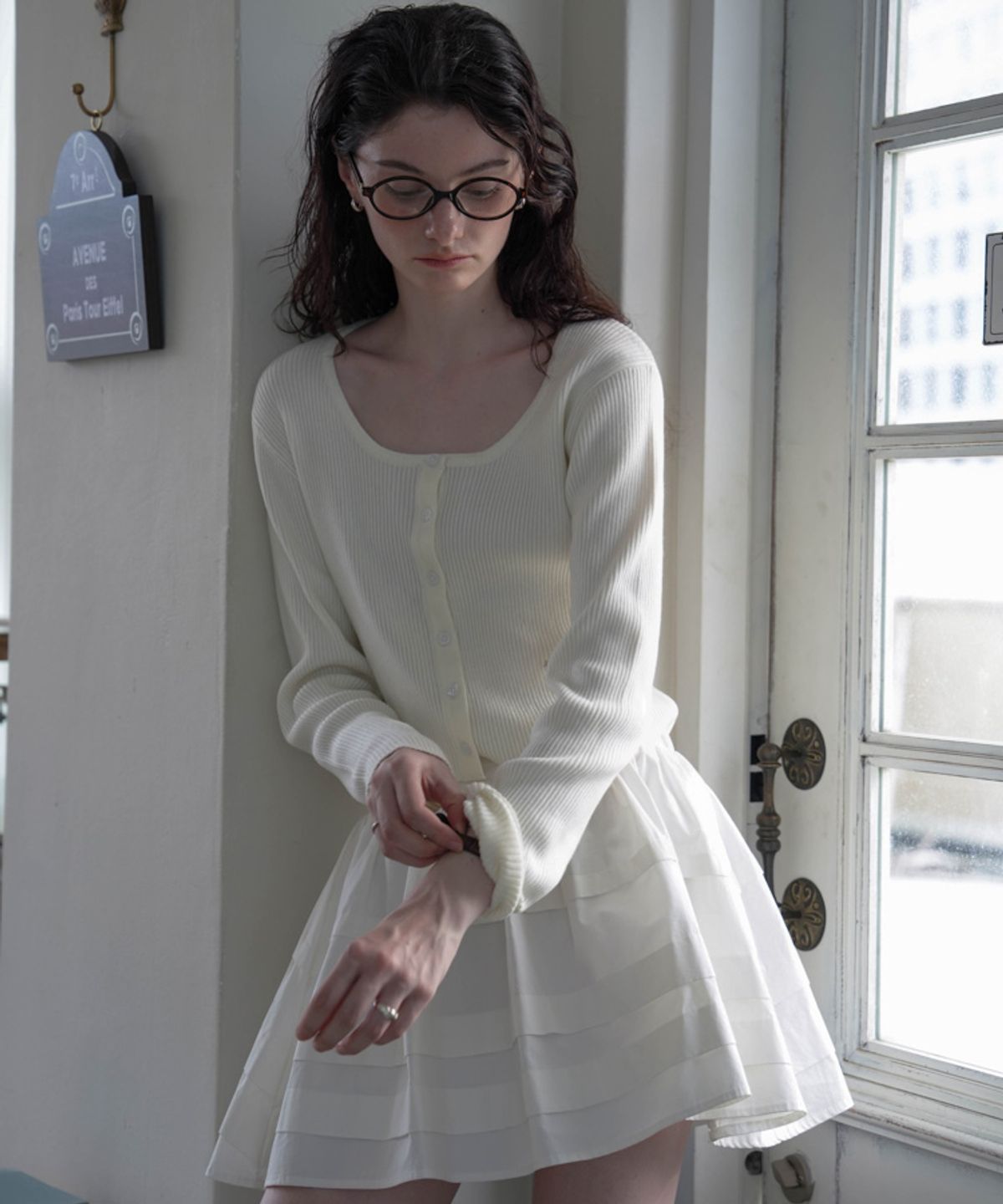 드헤베(DEHEVE) Round Ribbed Cardigan [Ivory]