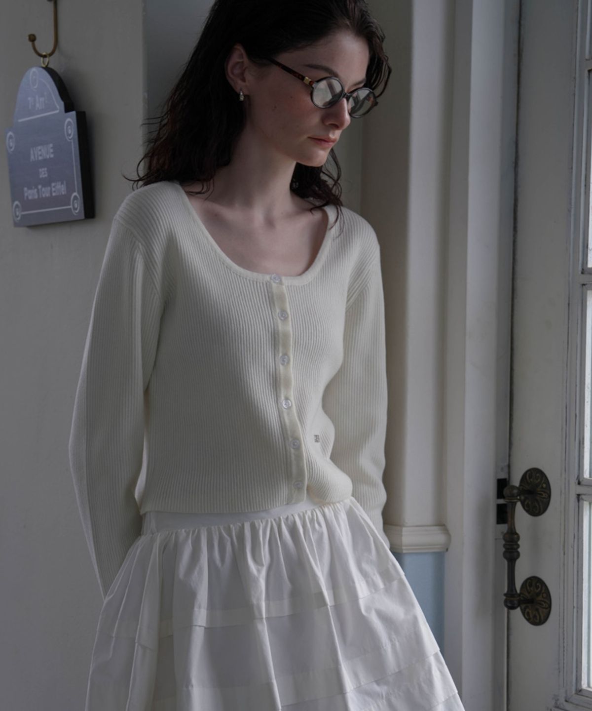 드헤베(DEHEVE) Round Ribbed Cardigan [Ivory]