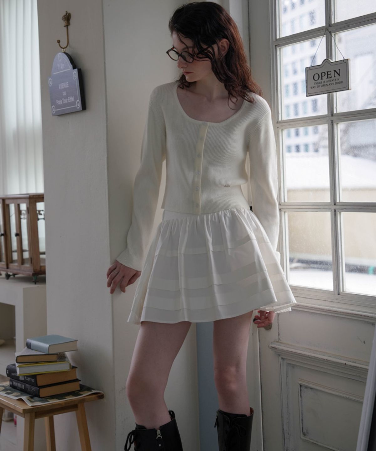 드헤베(DEHEVE) Round Ribbed Cardigan [Ivory]