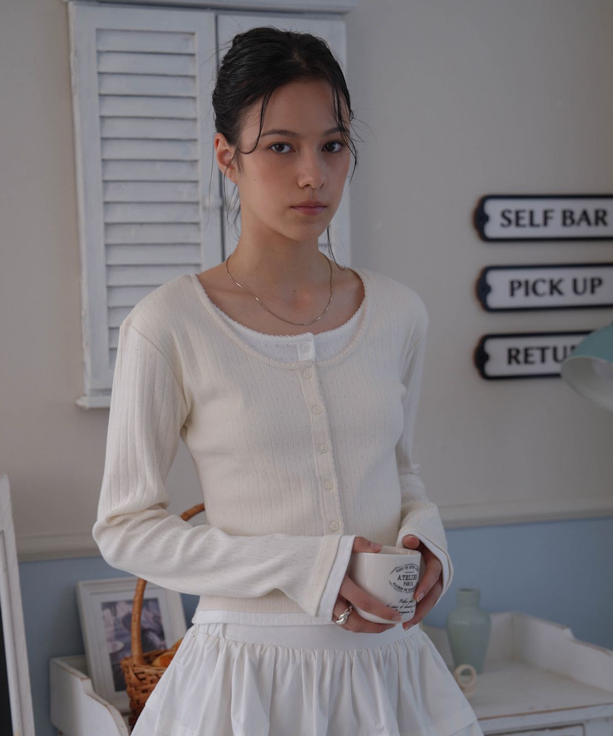 드헤베(DEHEVE) Lace Layered Cardigan [Ivory]