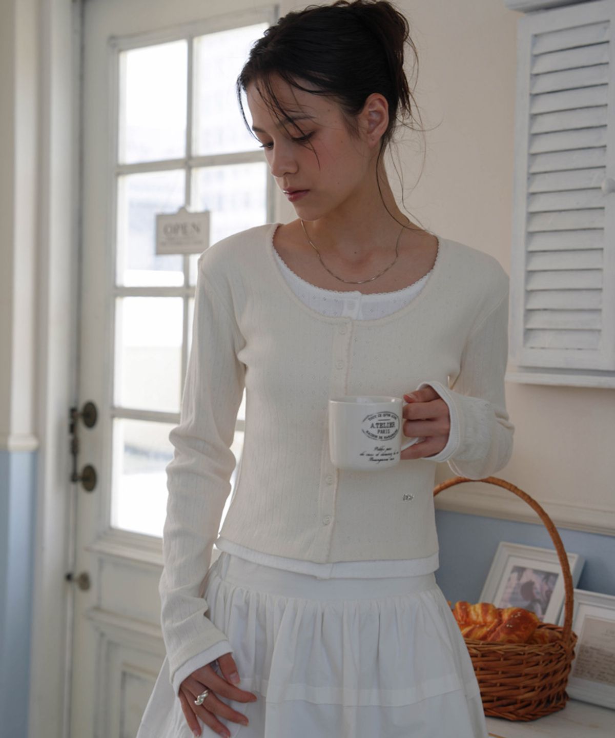 드헤베(DEHEVE) Lace Layered Cardigan [Ivory]