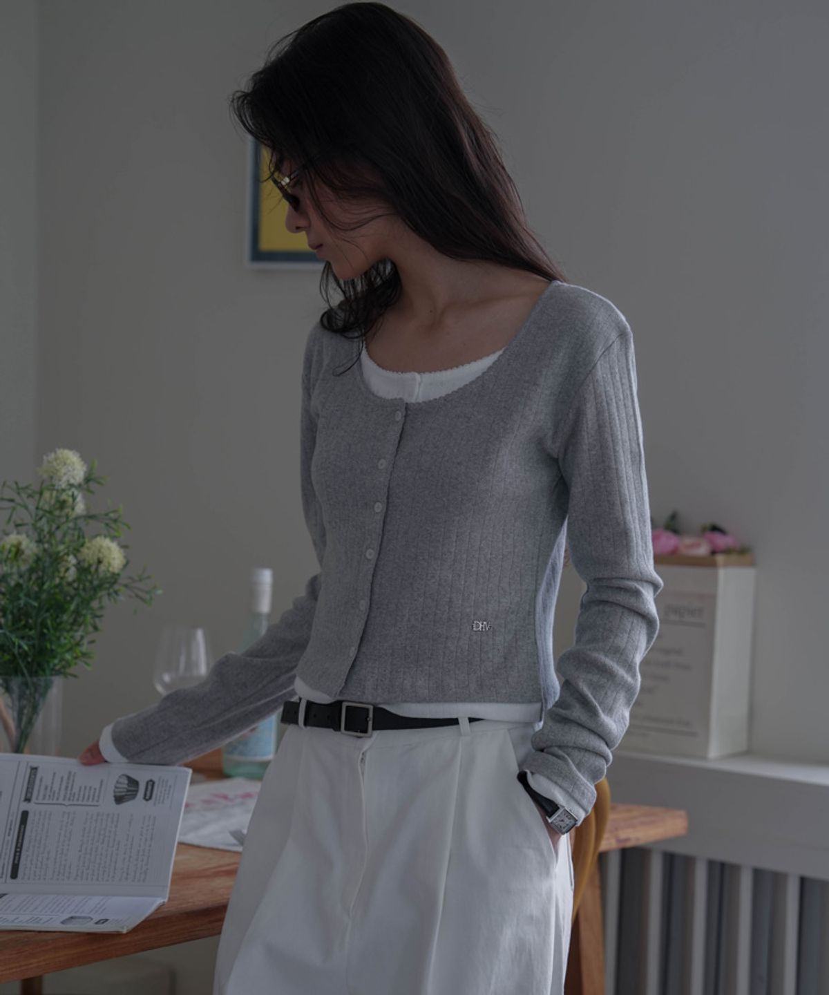 드헤베(DEHEVE) Lace Layered Cardigan [Melange]