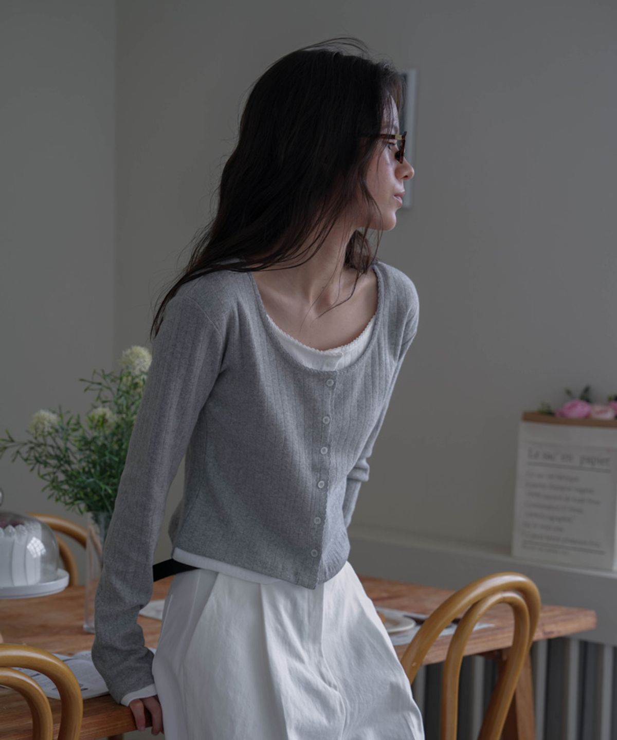 드헤베(DEHEVE) Lace Layered Cardigan [Melange]