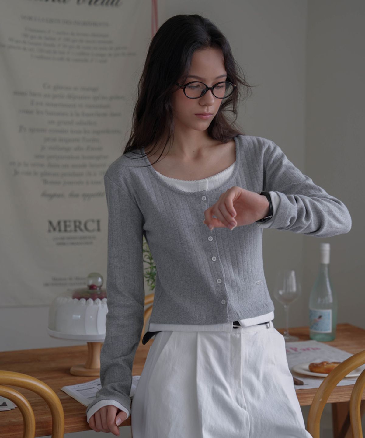 드헤베(DEHEVE) Lace Layered Cardigan [Melange]