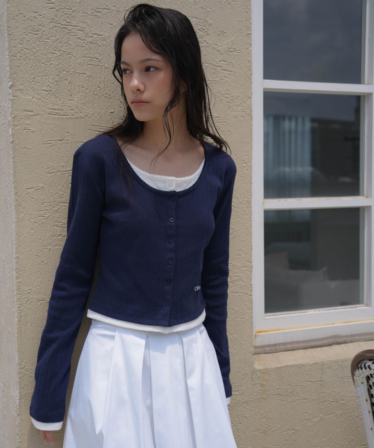 드헤베(DEHEVE) Lace Layered Cardigan [Navy]