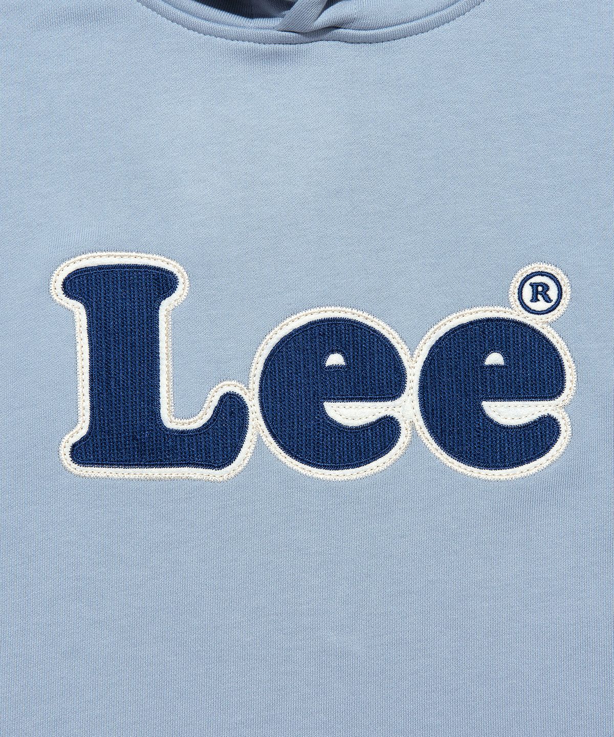 리(LEE) 빈티지 로고 펠트자수 후드 티셔츠 라이트블루