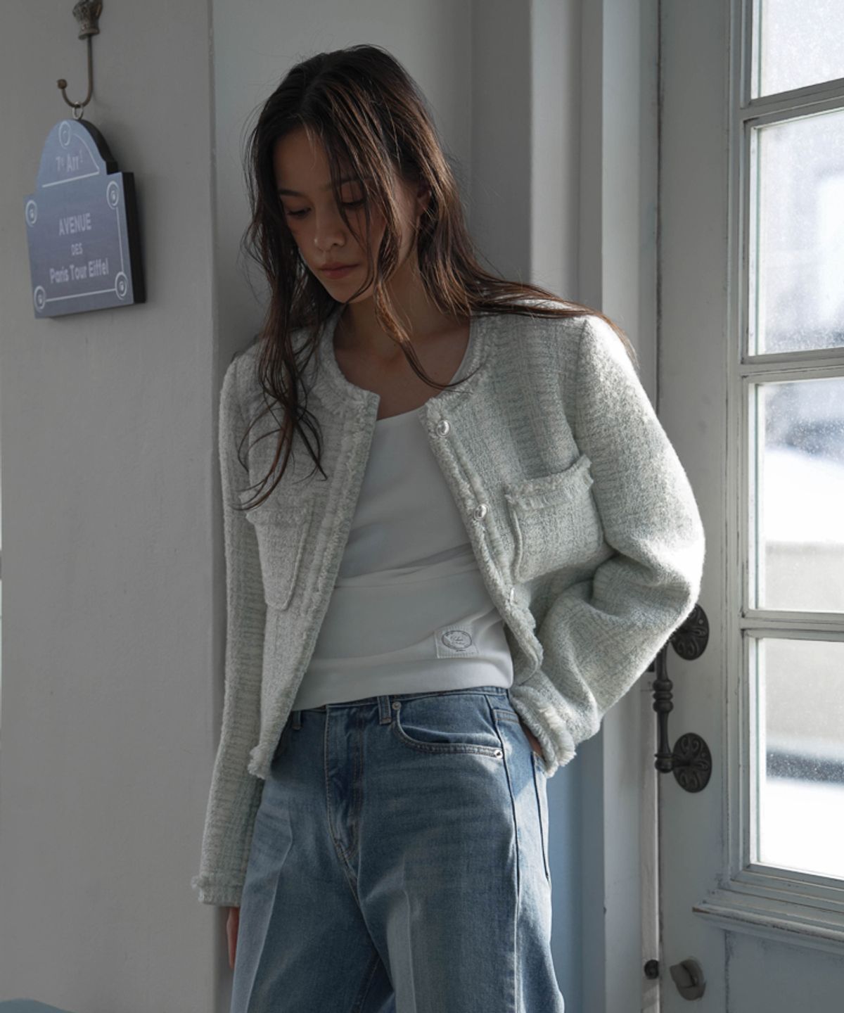 드헤베(DEHEVE) Fringe Trimming Tweed Jacket [Mixed Ivory]