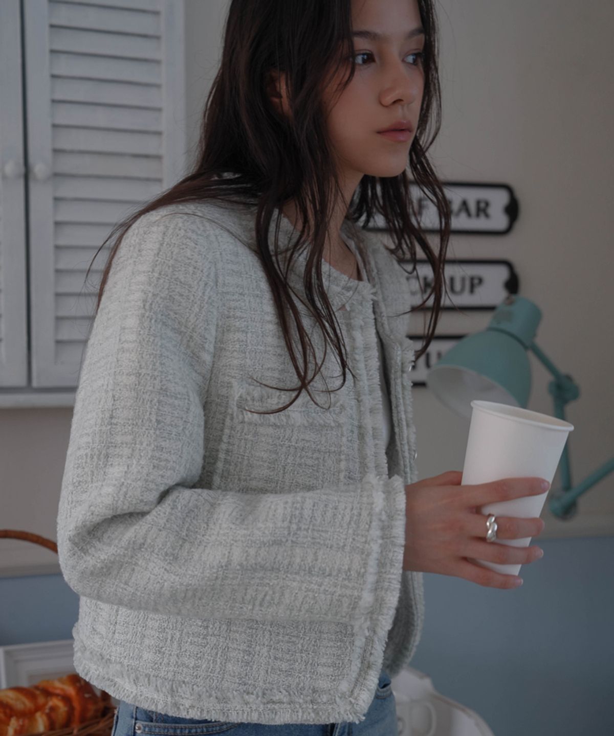 드헤베(DEHEVE) Fringe Trimming Tweed Jacket [Mixed Ivory]