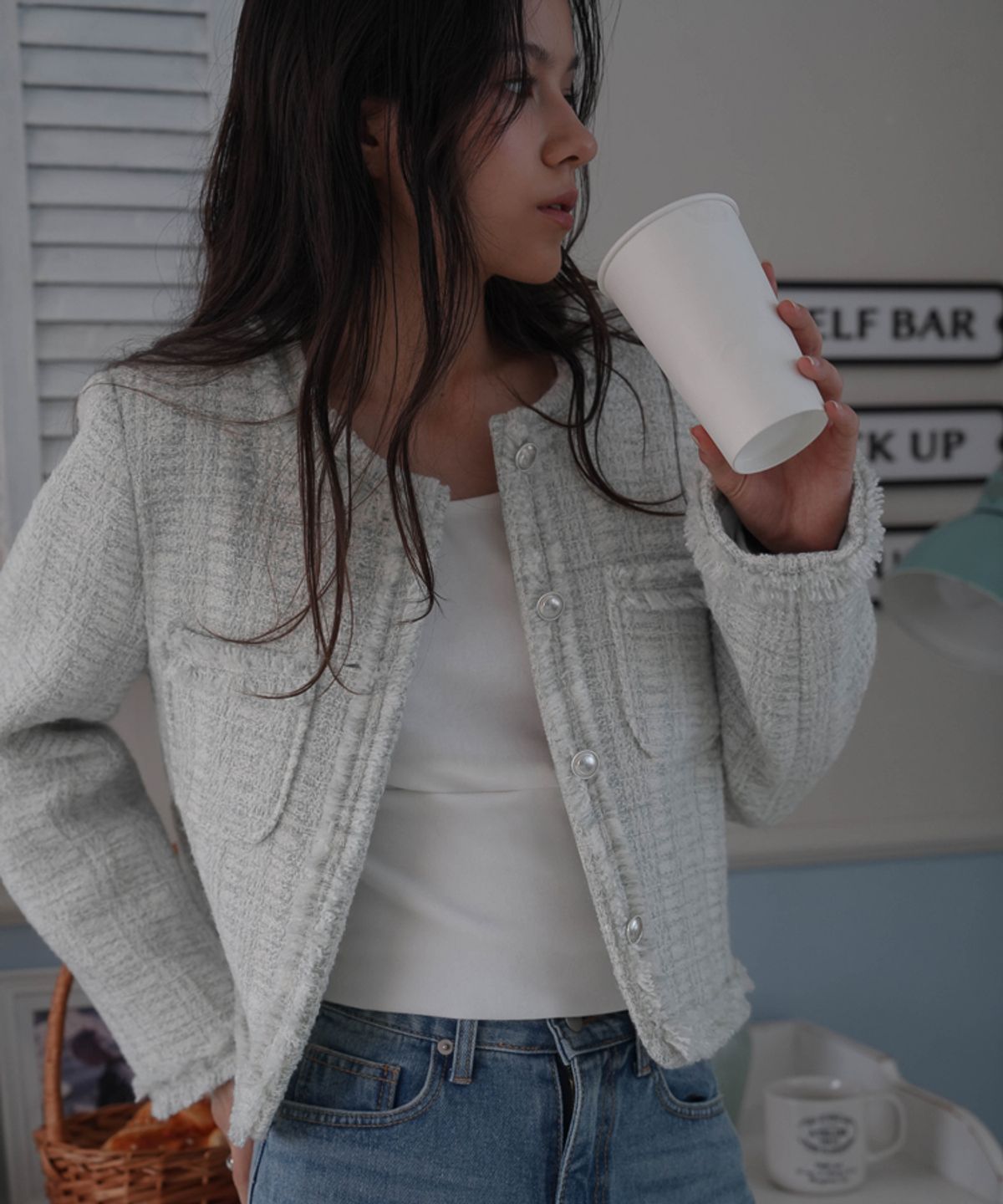 드헤베(DEHEVE) Fringe Trimming Tweed Jacket [Mixed Ivory]