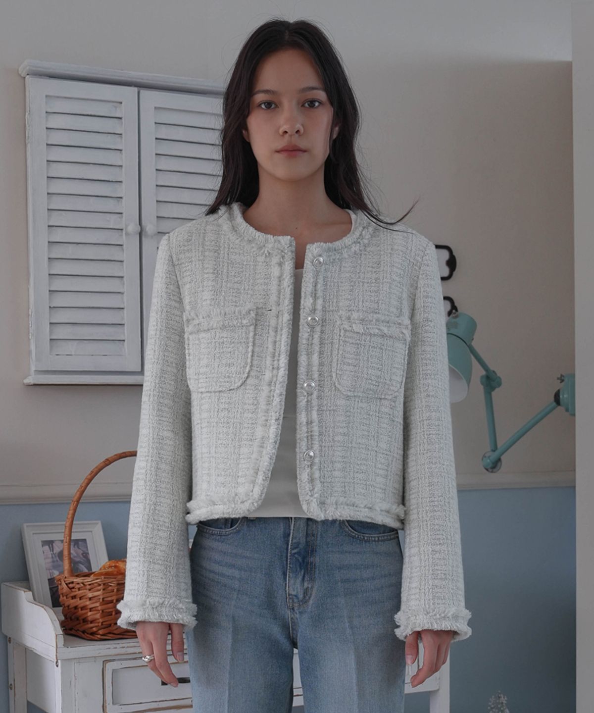 드헤베(DEHEVE) Fringe Trimming Tweed Jacket [Mixed Ivory]