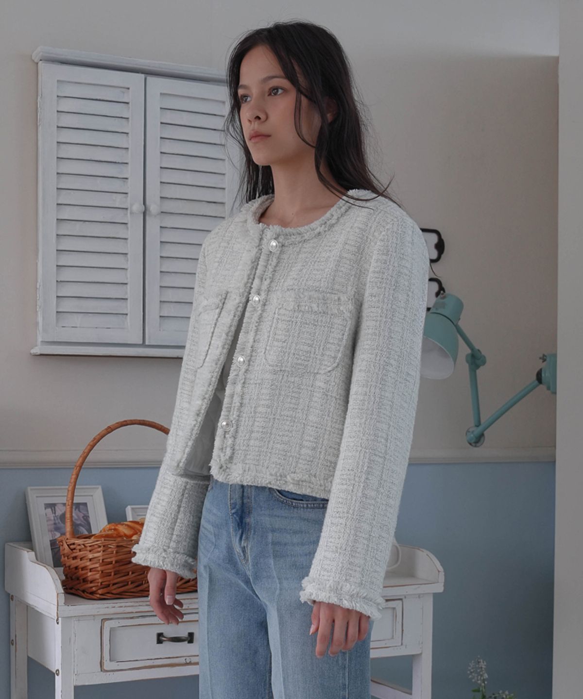 드헤베(DEHEVE) Fringe Trimming Tweed Jacket [Mixed Ivory]