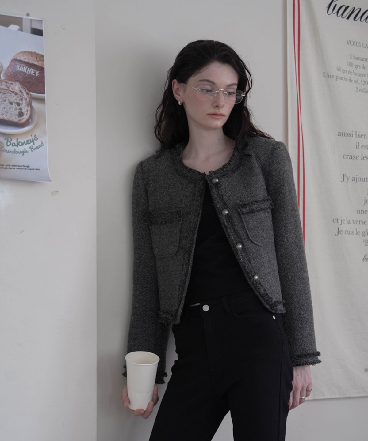 드헤베(DEHEVE) Fringe Trimming Tweed Jacket [Charcoal]
