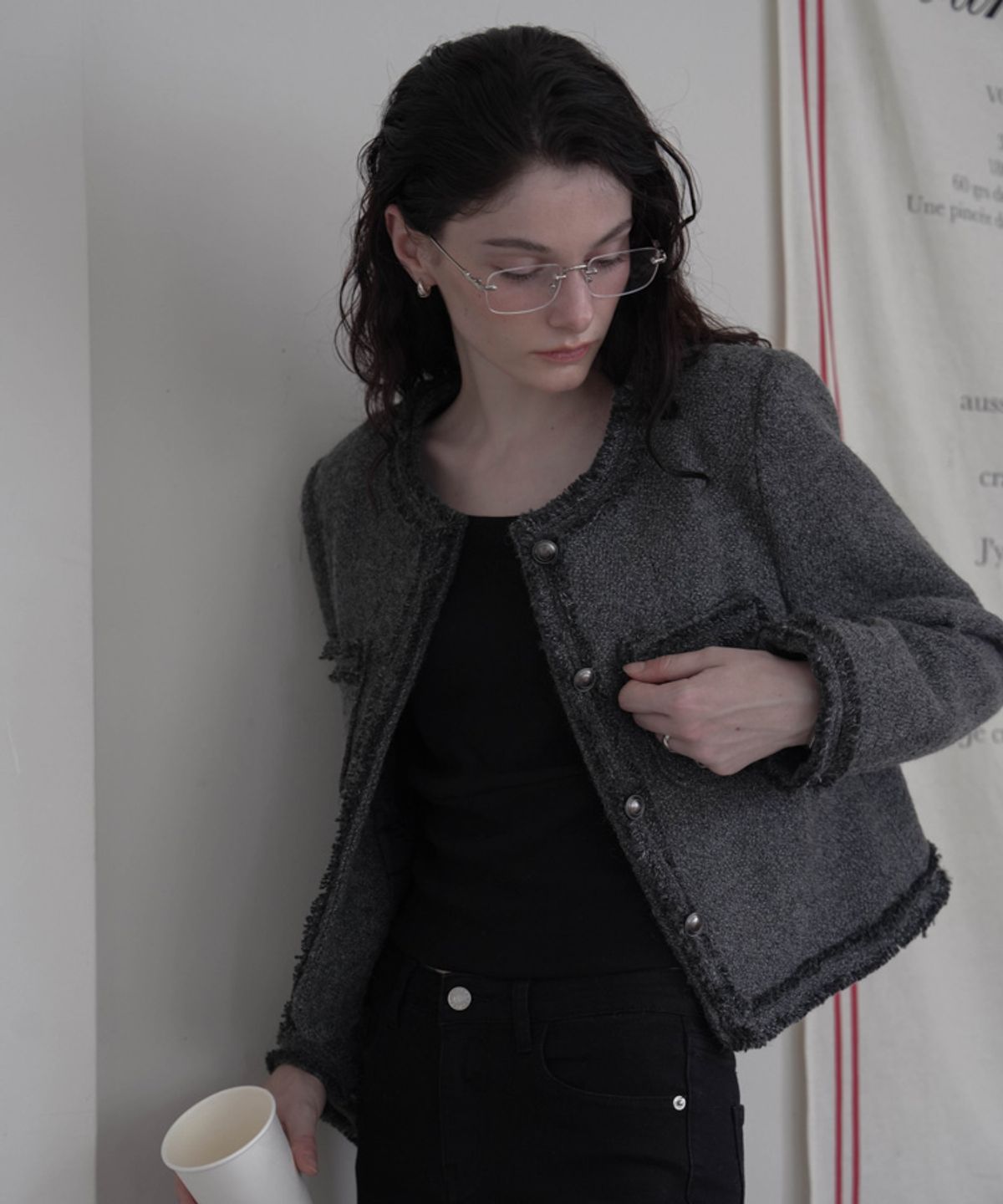 드헤베(DEHEVE) Fringe Trimming Tweed Jacket [Charcoal]
