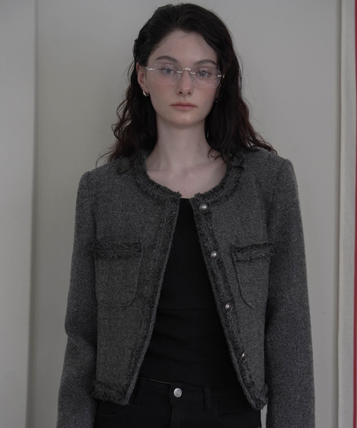 드헤베(DEHEVE) Fringe Trimming Tweed Jacket [Charcoal]