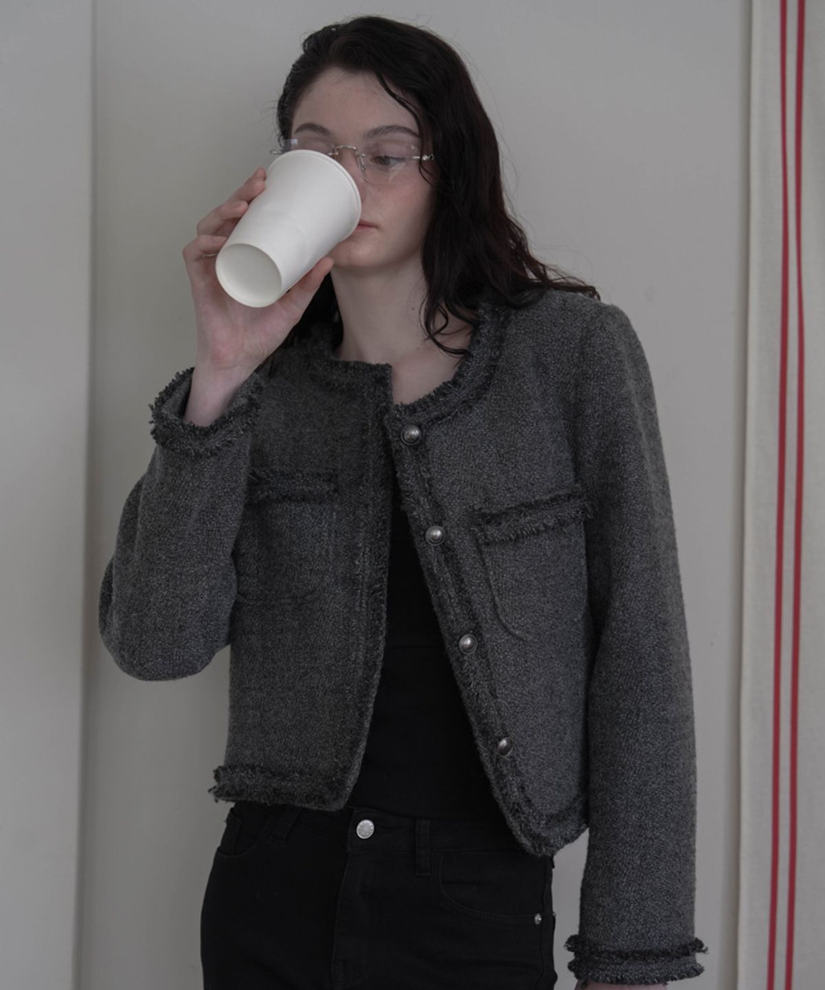 드헤베(DEHEVE) Fringe Trimming Tweed Jacket [Charcoal]