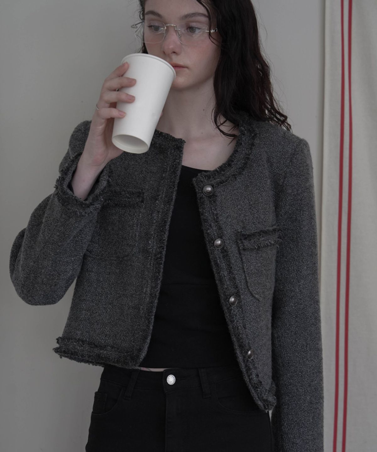 드헤베(DEHEVE) Fringe Trimming Tweed Jacket [Charcoal]