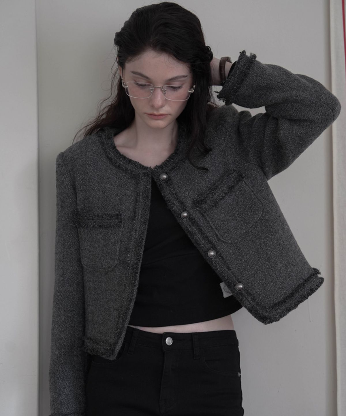 드헤베(DEHEVE) Fringe Trimming Tweed Jacket [Charcoal]