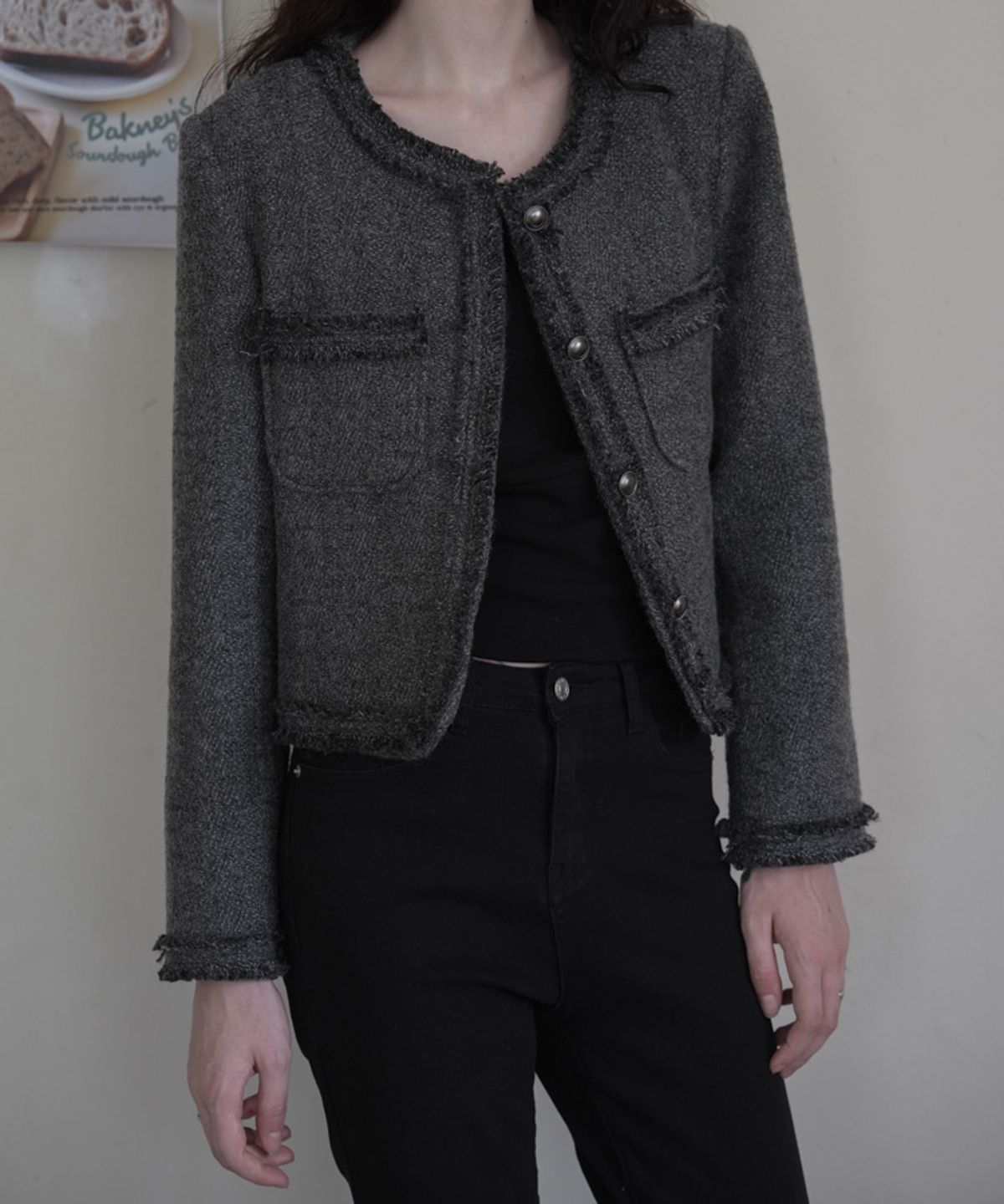 드헤베(DEHEVE) Fringe Trimming Tweed Jacket [Charcoal]