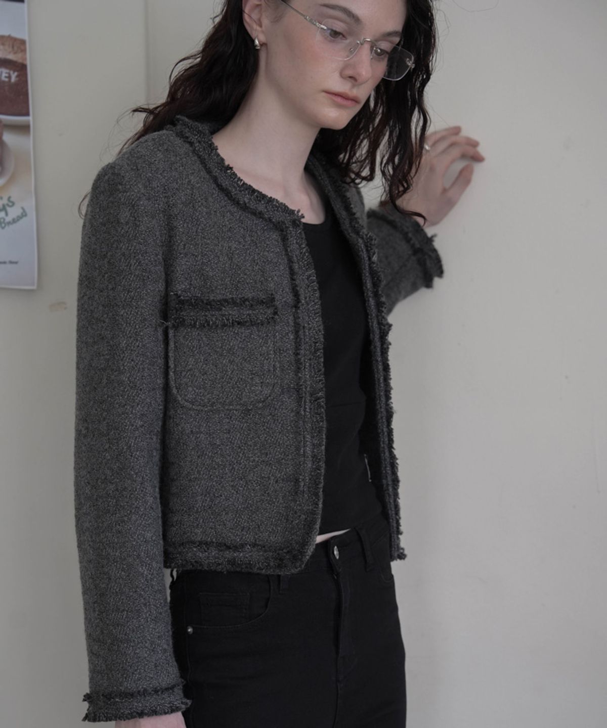 드헤베(DEHEVE) Fringe Trimming Tweed Jacket [Charcoal]