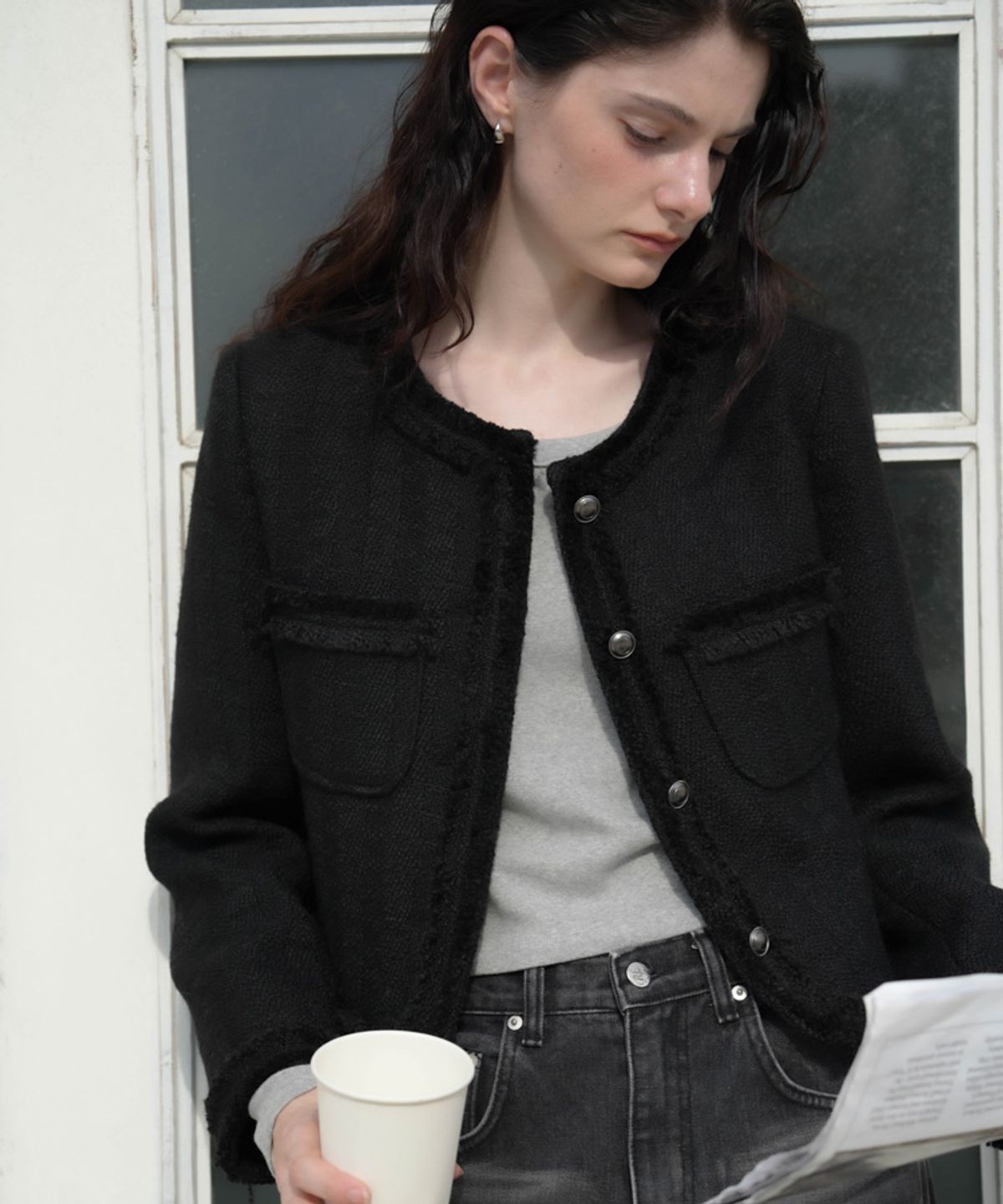 드헤베(DEHEVE) Fringe Trimming Tweed Jacket [Black]