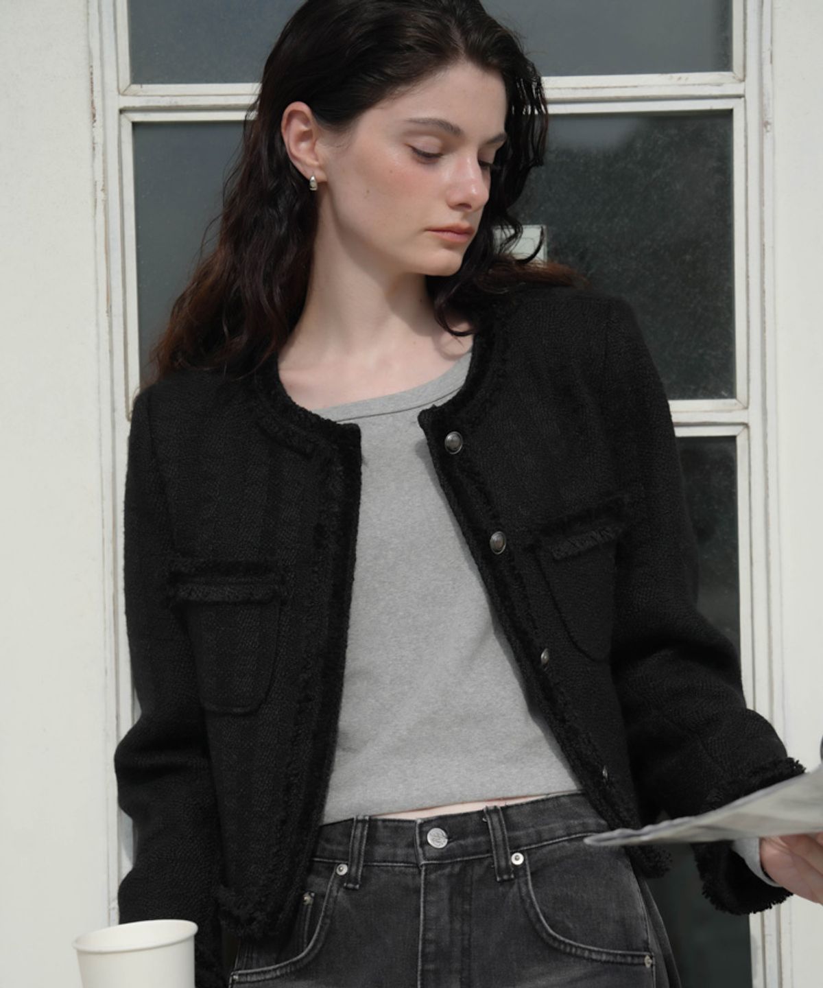 드헤베(DEHEVE) Fringe Trimming Tweed Jacket [Black]