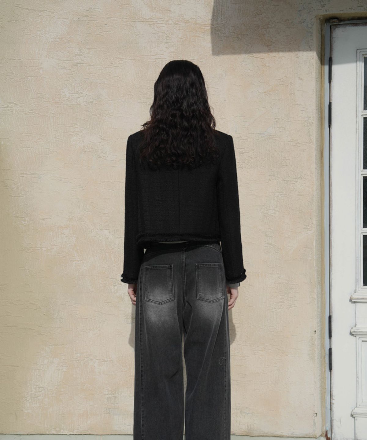 드헤베(DEHEVE) Fringe Trimming Tweed Jacket [Black]