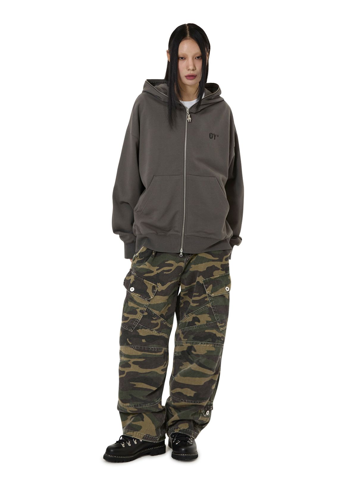 오픈야드(오와이)(OPENYARD(OY)) FADED DOLLY MASK HOODIE ZIP UP - DARK GREY