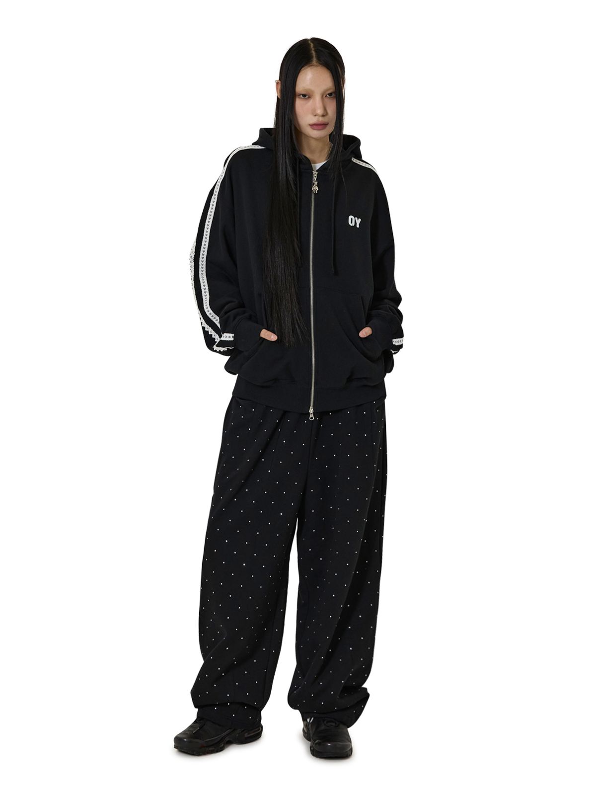 오픈야드(오와이)(OPENYARD(OY)) LACE DOLLY HOODIE ZIP UP - BLACK