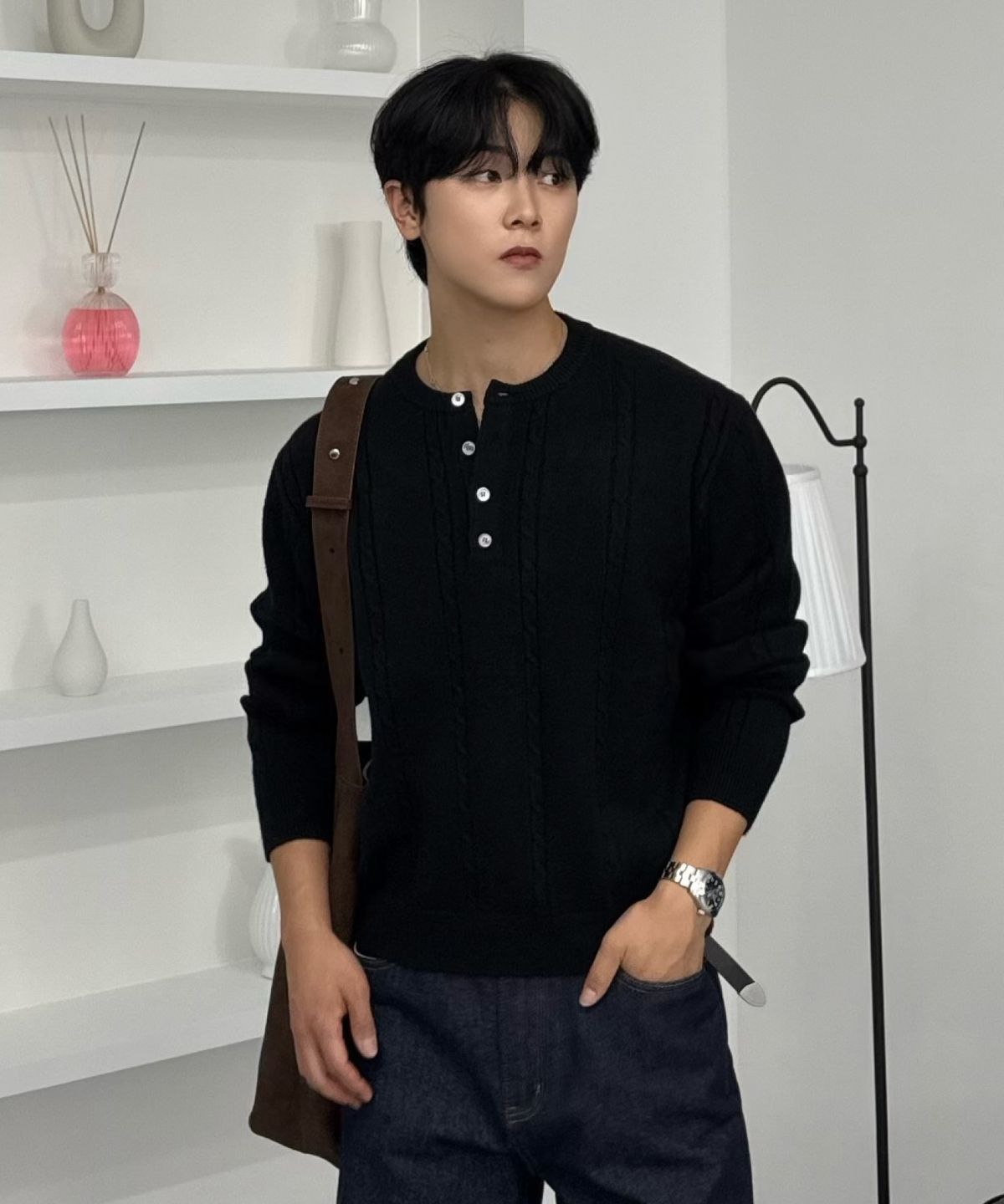 효지(HYOJI) FW 워셔블 케이블 크롭 헨리넥 니트 (8컬러)
