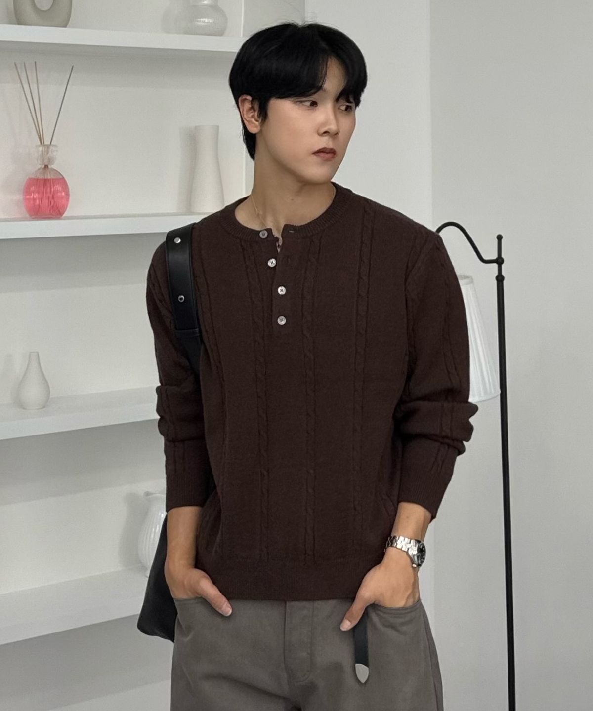 효지(HYOJI) FW 워셔블 케이블 크롭 헨리넥 니트 (8컬러)
