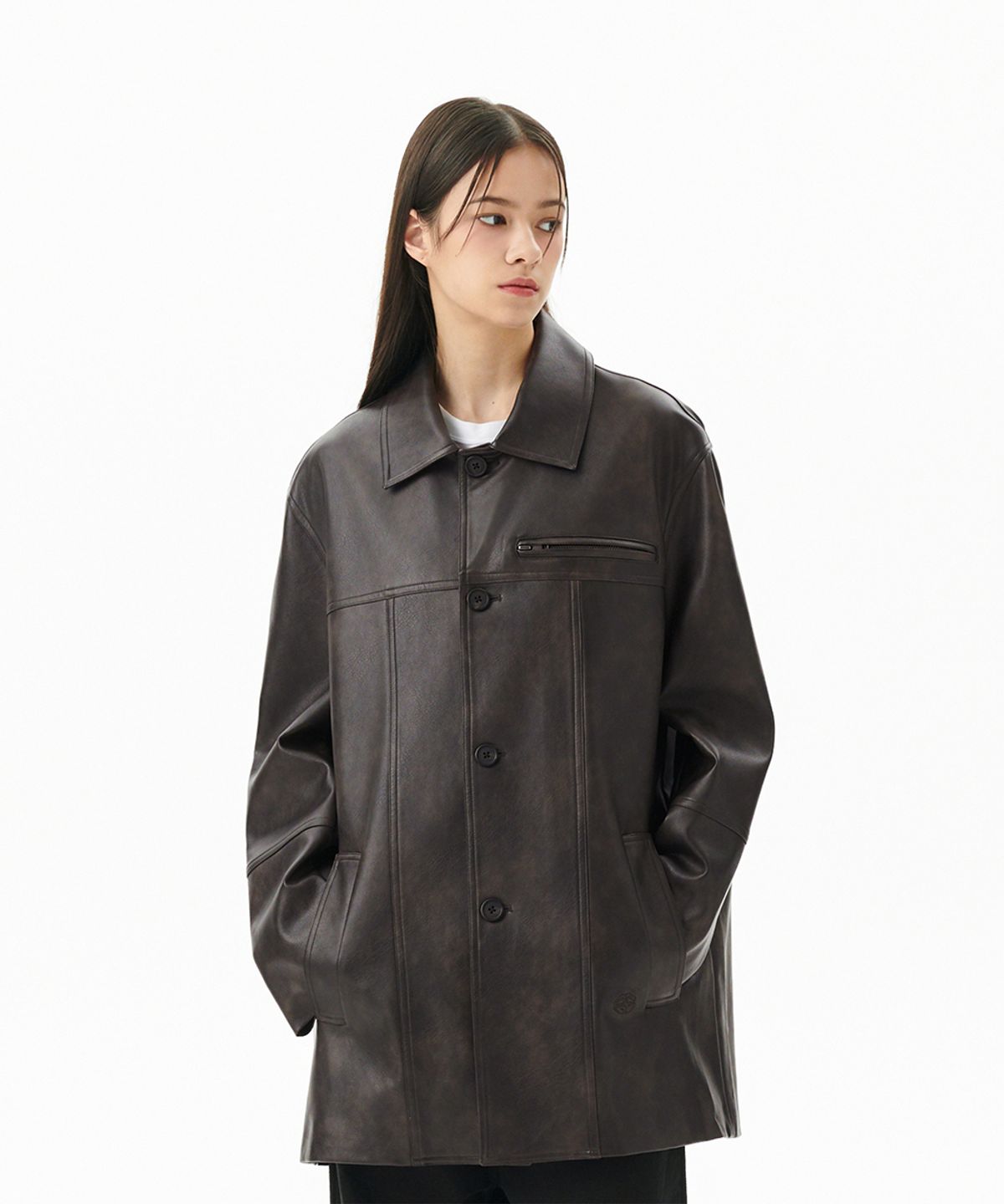 마하그리드(MAHAGRID) FAUX LEATHER CARCOAT WASHED BLACK(MG2FFMC840A)