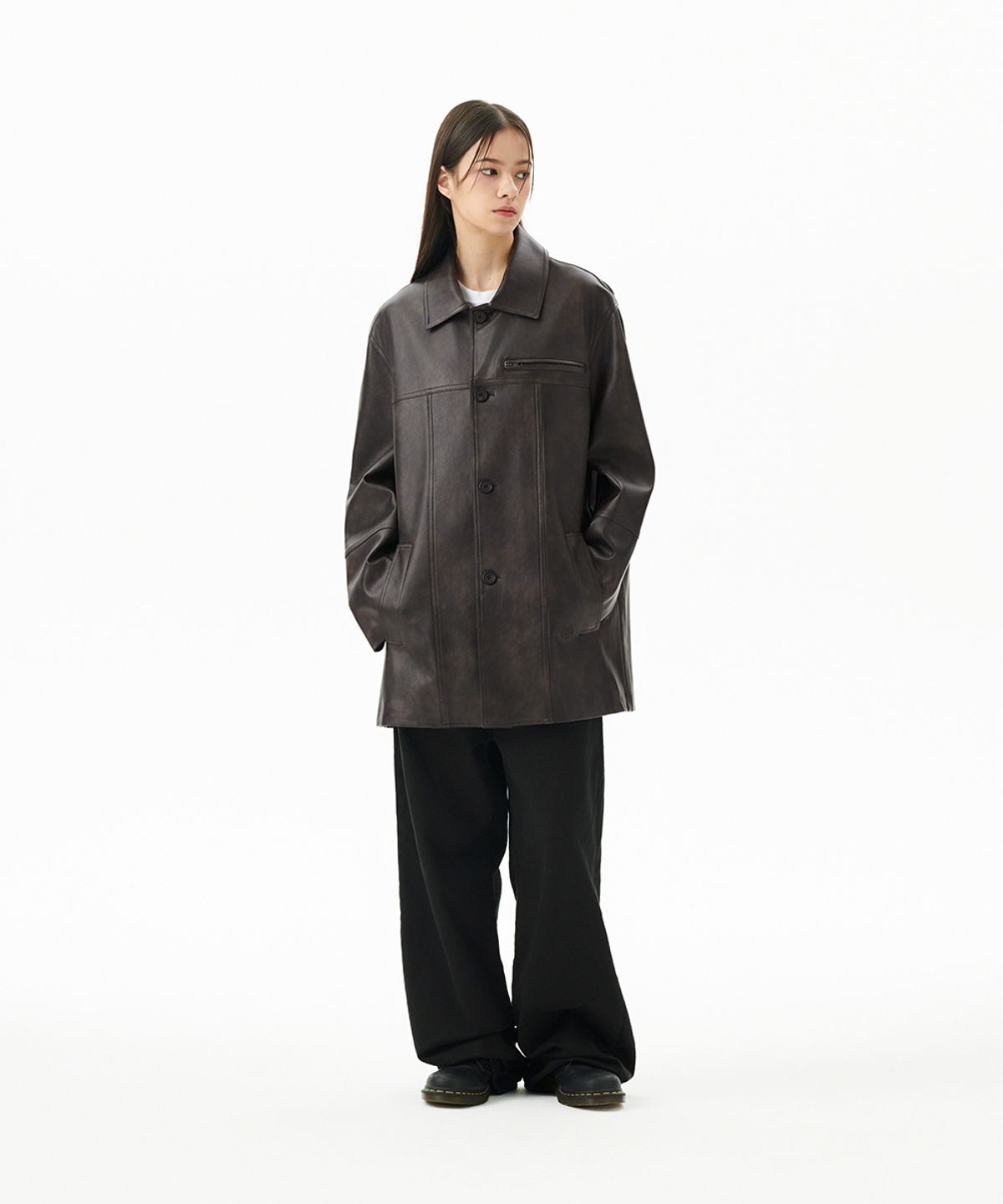 마하그리드(MAHAGRID) FAUX LEATHER CARCOAT WASHED BLACK(MG2FFMC840A)