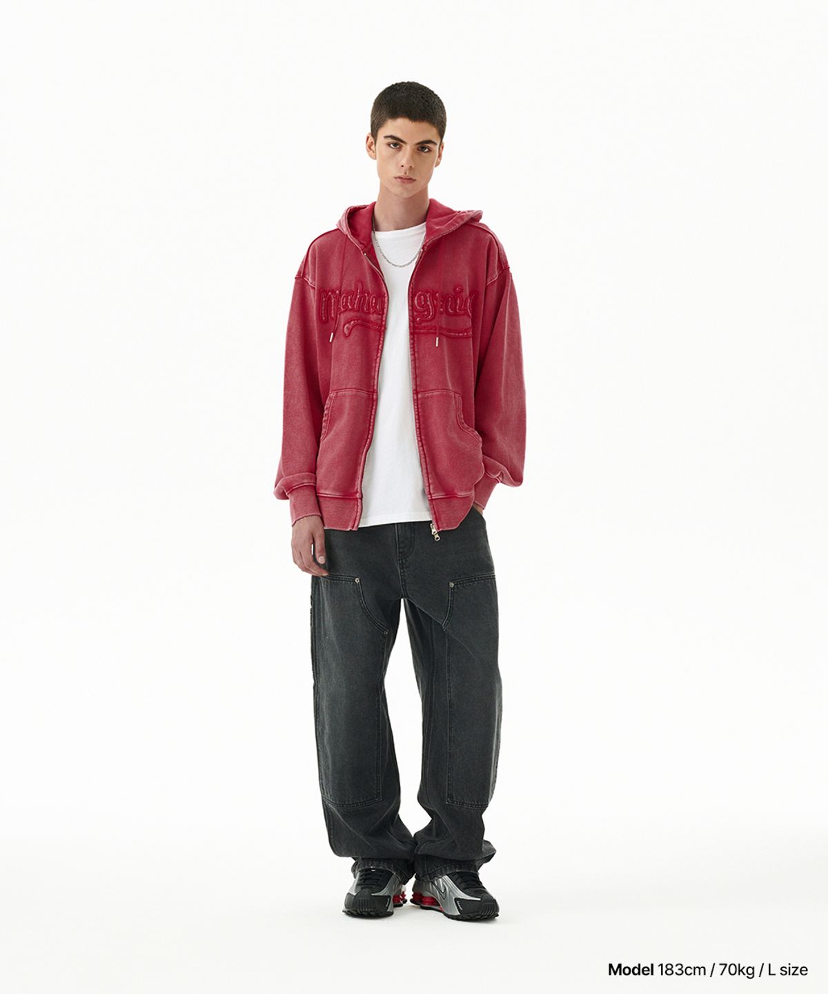 마하그리드(MAHAGRID) WASHED CUT OFF APPLIQUE HOOD ZIP UP RED(MG2FFMM496A)