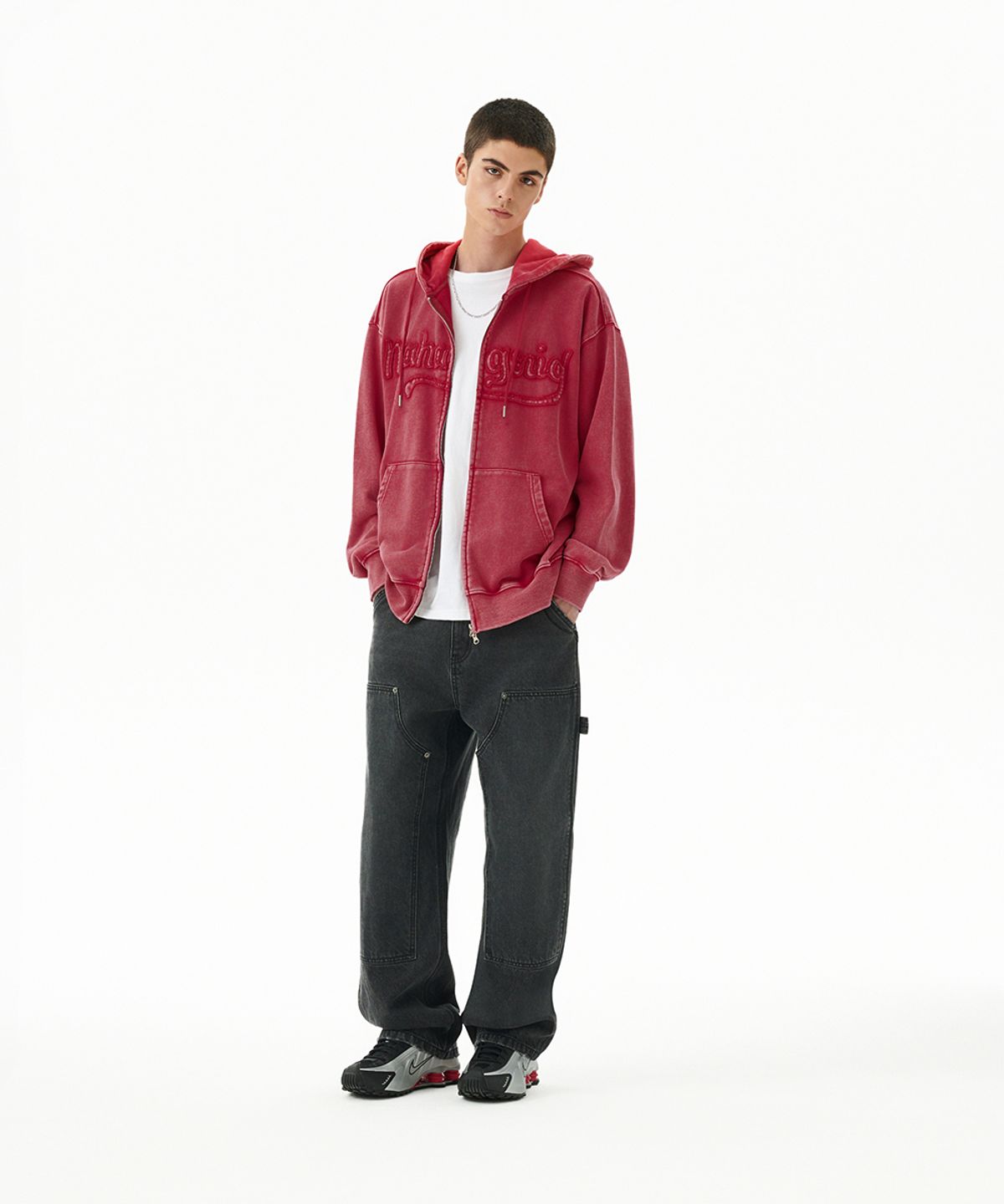 마하그리드(MAHAGRID) WASHED CUT OFF APPLIQUE HOOD ZIP UP RED(MG2FFMM496A)