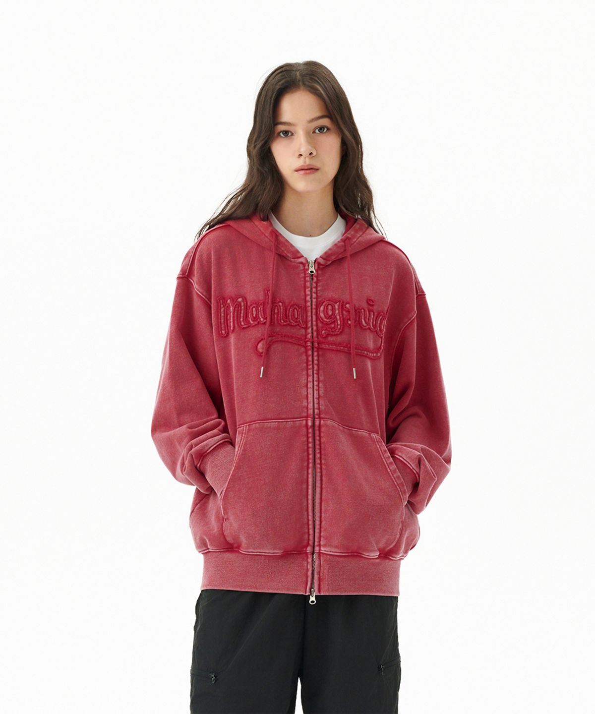 마하그리드(MAHAGRID) WASHED CUT OFF APPLIQUE HOOD ZIP UP RED(MG2FFMM496A)