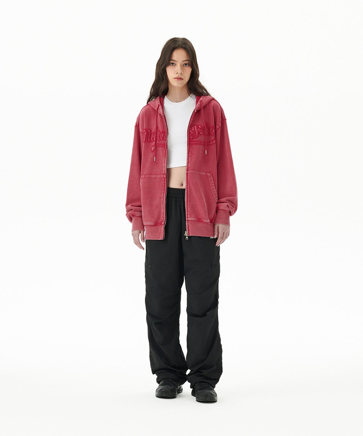 마하그리드(MAHAGRID) WASHED CUT OFF APPLIQUE HOOD ZIP UP RED(MG2FFMM496A)
