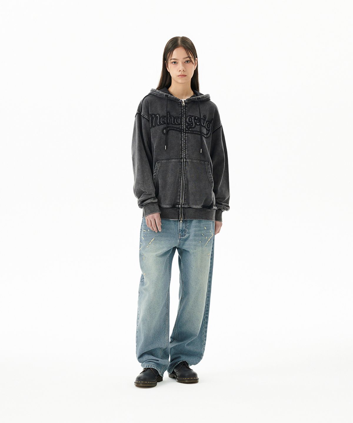 마하그리드(MAHAGRID) WASHED CUT OFF APPLIQUE HOOD ZIP UP BLACK(MG2FFMM496A)