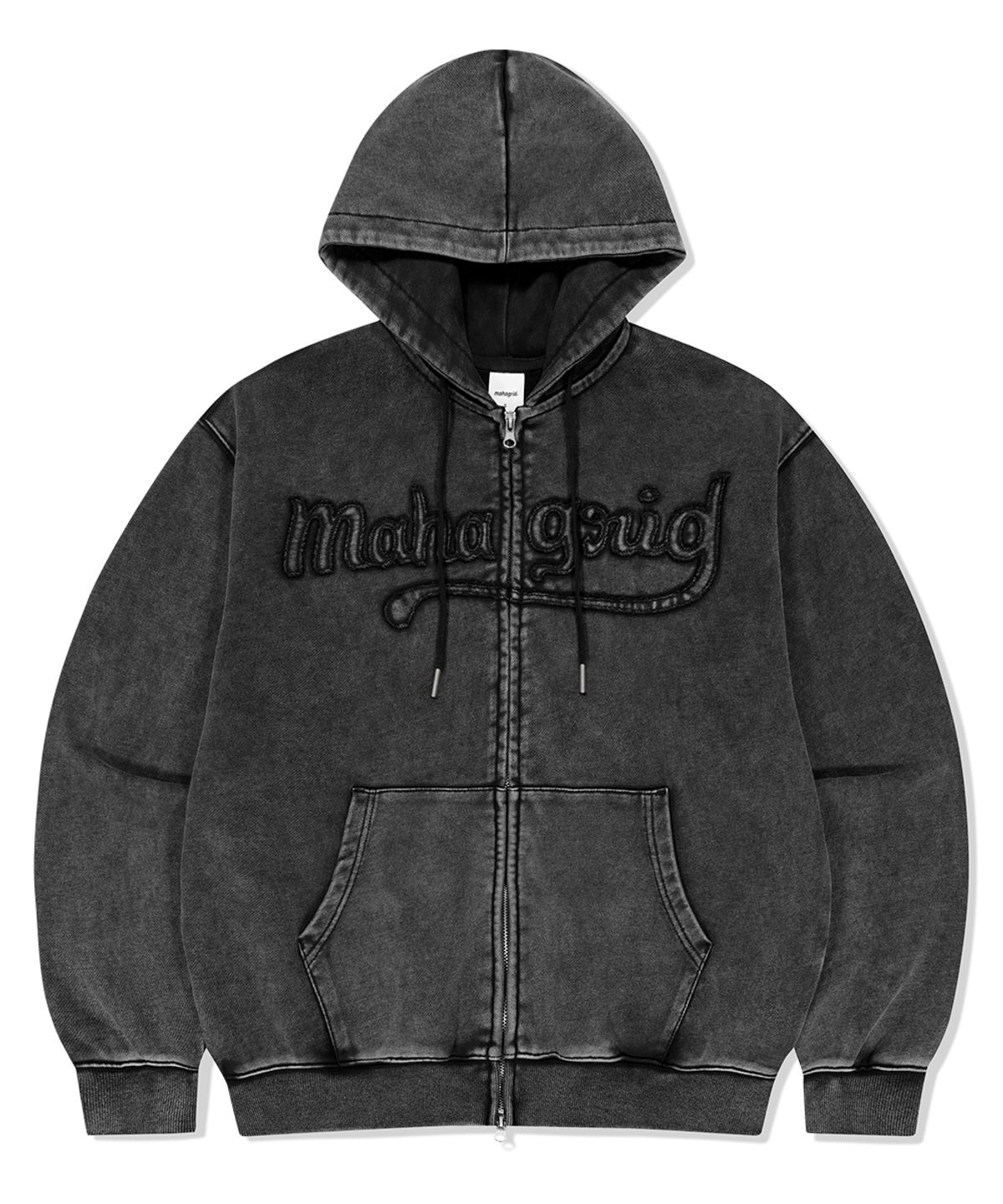 마하그리드(MAHAGRID) WASHED CUT OFF APPLIQUE HOOD ZIP UP BLACK(MG2FFMM496A)