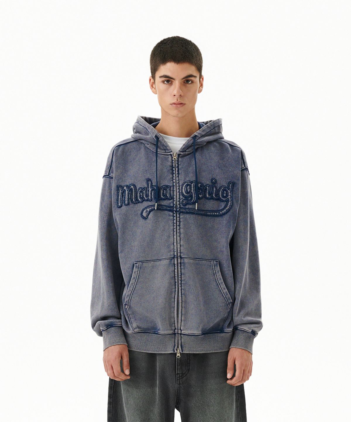 마하그리드(MAHAGRID) WASHED CUT OFF APPLIQUE HOOD ZIP UP NAVY(MG2FFMM496A)