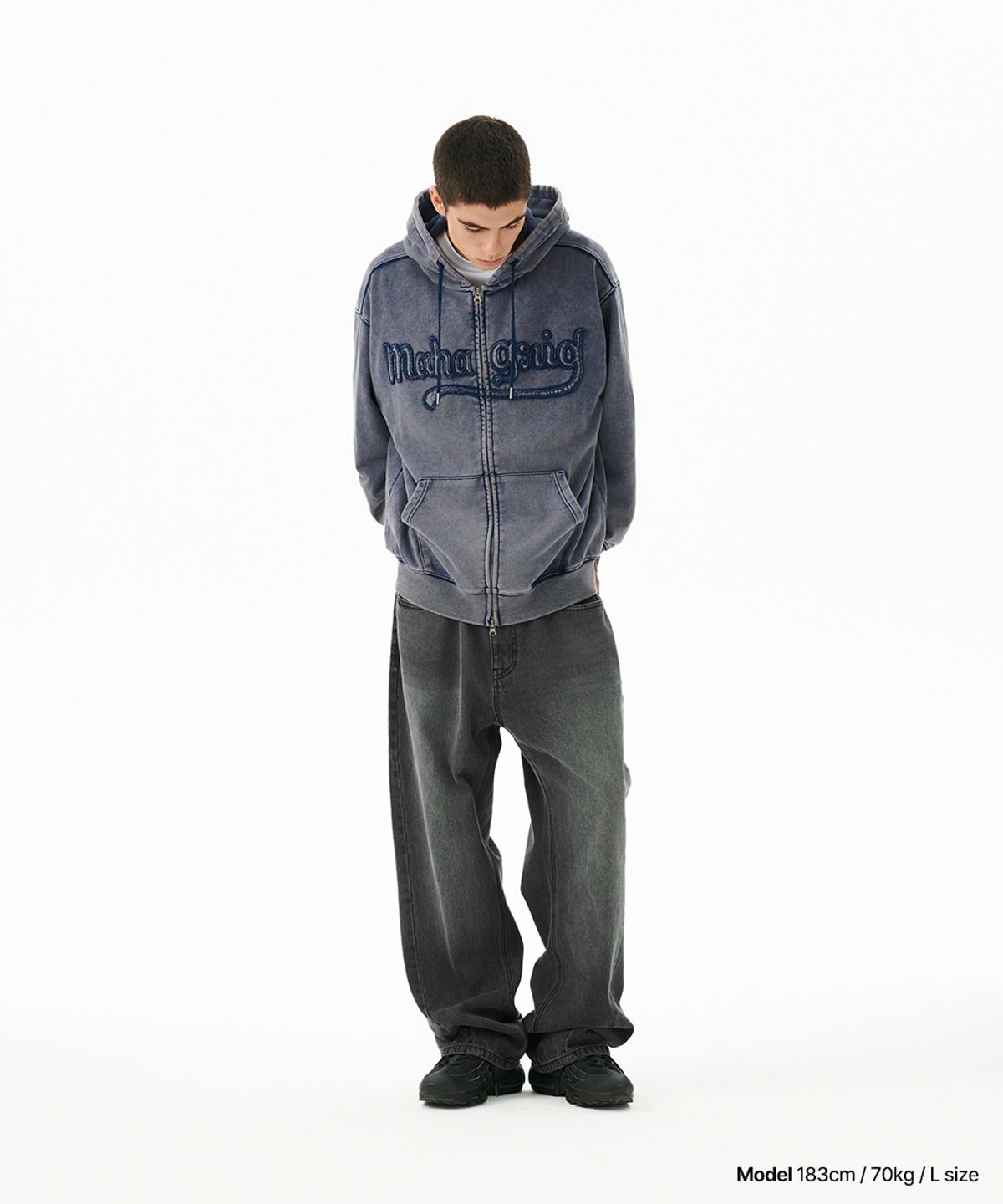 마하그리드(MAHAGRID) WASHED CUT OFF APPLIQUE HOOD ZIP UP NAVY(MG2FFMM496A)