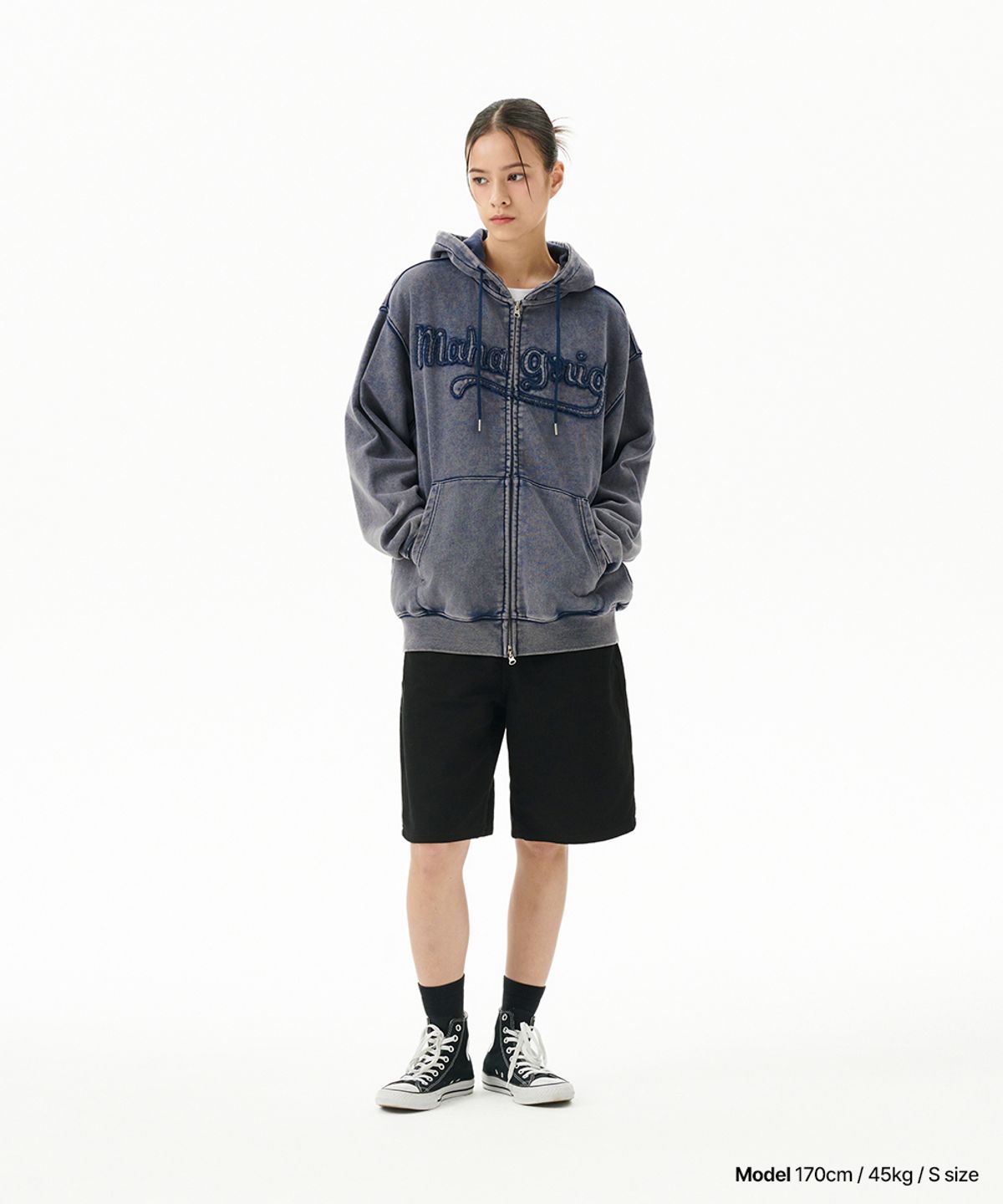 마하그리드(MAHAGRID) WASHED CUT OFF APPLIQUE HOOD ZIP UP NAVY(MG2FFMM496A)